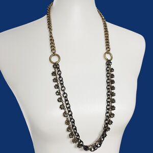 J Crew Statement Necklace Rhinestone Gold Tone Gray Heavy Chunky Chain 2 Tone